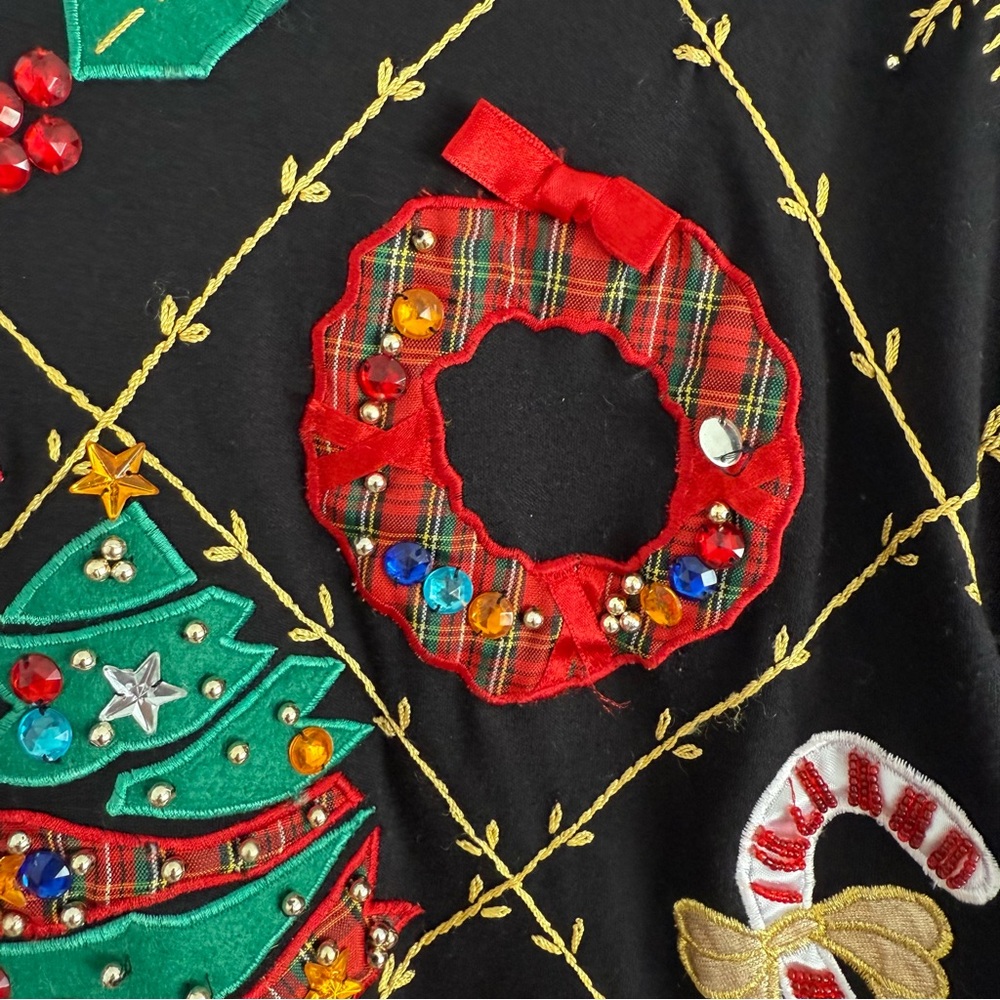 Christmas Shirt Women’s Large Black with Embroidery Festive Holiday Beading - Picture 4 of 7